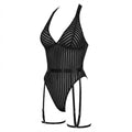Black Stripe Mesh Suspender Bodysuit With Garter Straps - Marelia
