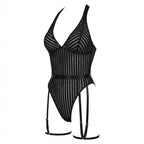 Black Stripe Mesh Suspender Bodysuit With Garter Straps - Marelia
