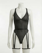 Black Stripe Mesh Suspender Bodysuit With Garter Straps - Marelia