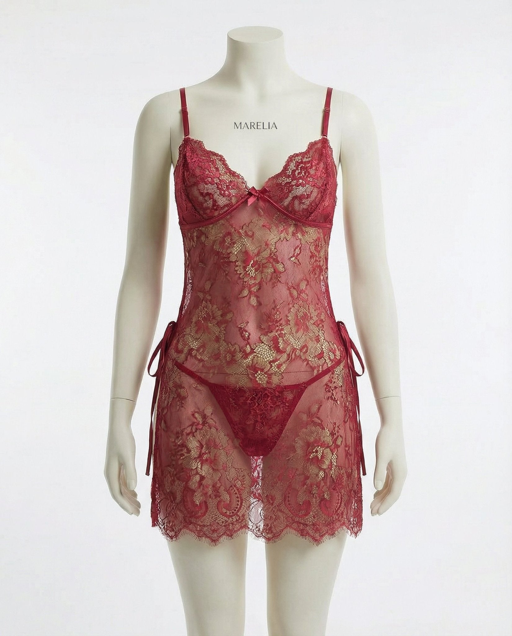 Burgundy Two-Piece Floral Lace Chemise With G-String Set - Marelia