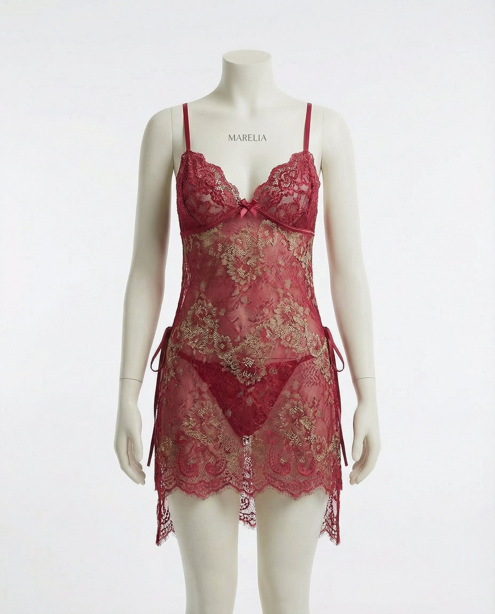 Two-Piece Floral Lace Chemise With G-String Set - Marelia