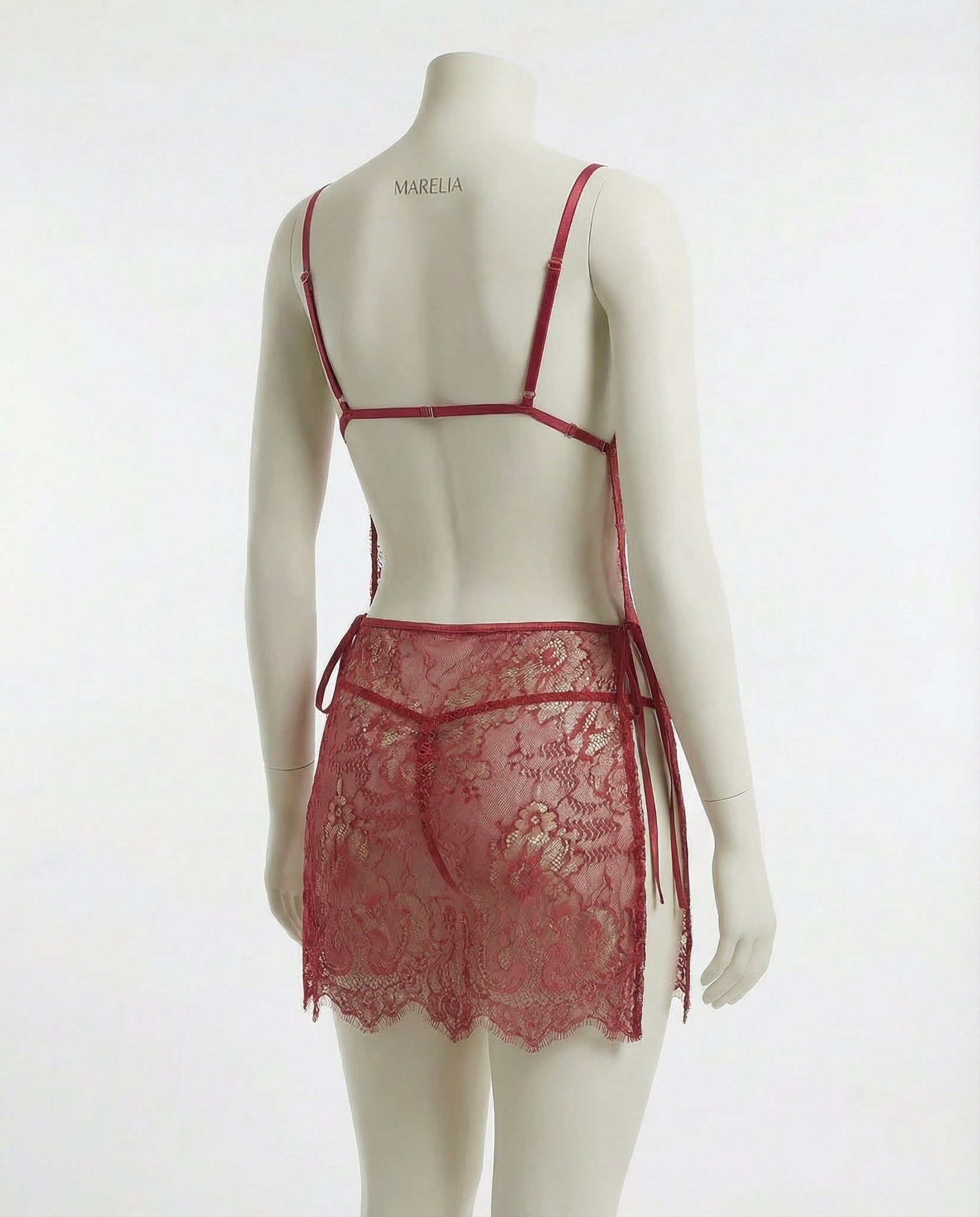 Burgundy Two-Piece Floral Lace Chemise With G-String Set - Marelia