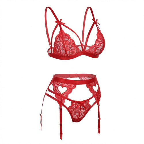 Red Valentine's Lace Bra Suspender Belt And Thong Set - Marelia