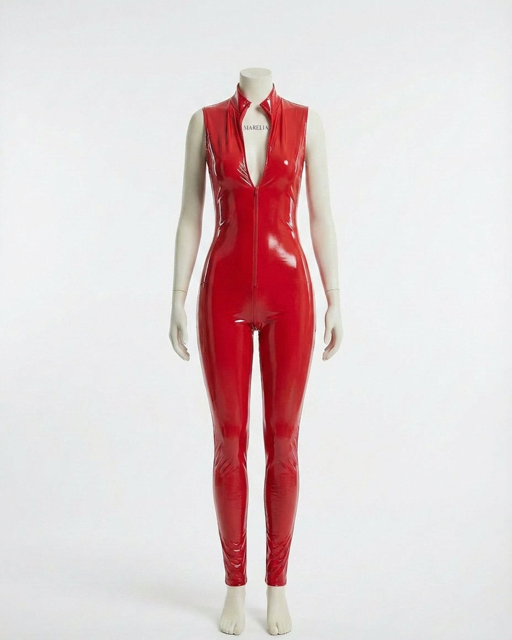 Red Wet Look Crotchless Catsuit With Front Zip - MARELIA