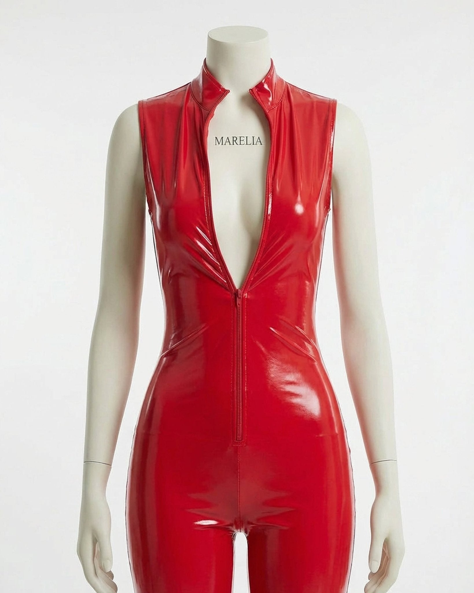 Red Wet Look Crotchless Catsuit With Front Zip - MARELIA