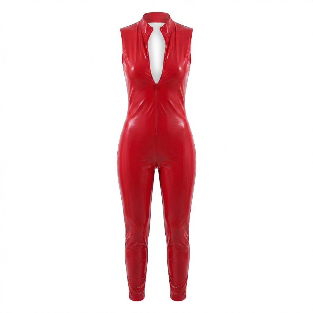 Red Wet Look Crotchless Catsuit With Front Zip - MARELIA