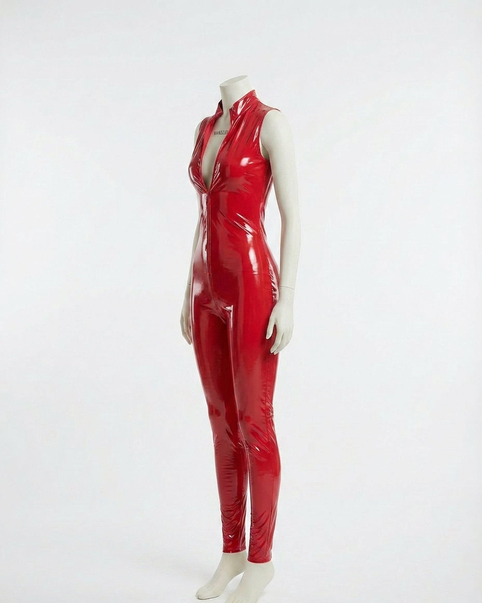 Red Wet Look Crotchless Catsuit With Front Zip - MARELIA