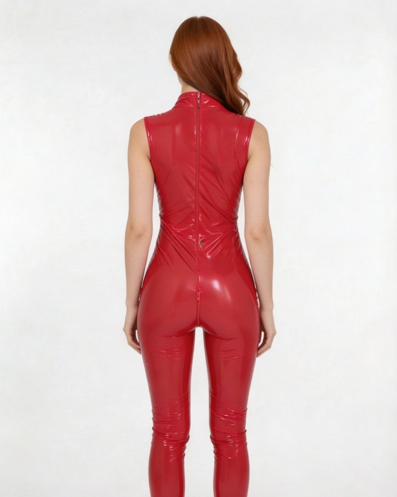 Red Wet Look Crotchless Catsuit With Front Zip - MARELIA