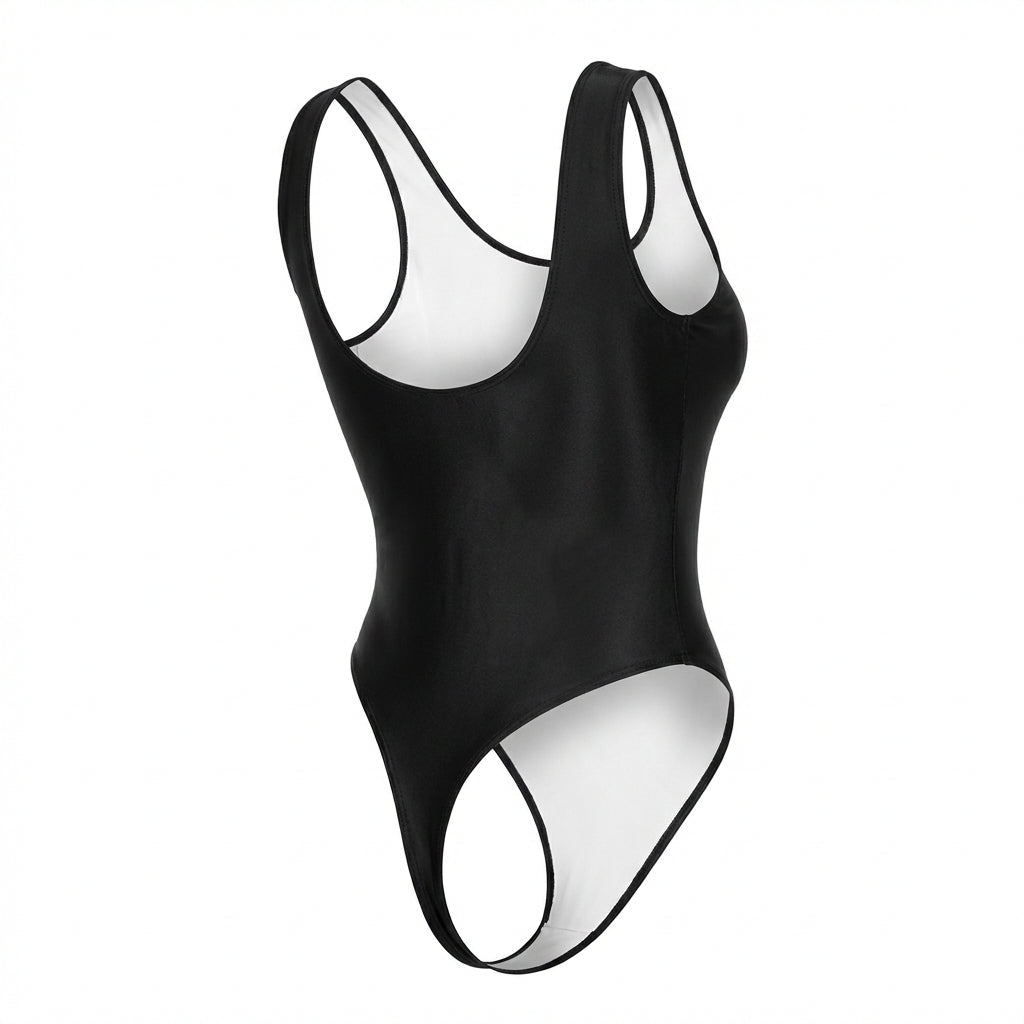 Black Wet Look High Leg Bodysuit - Marelia