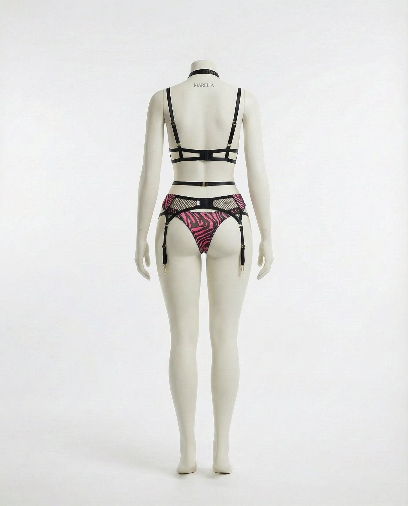 Fuscia Pink Zebra Print Mesh Bra Garter Belt And Brief Set - Marelia