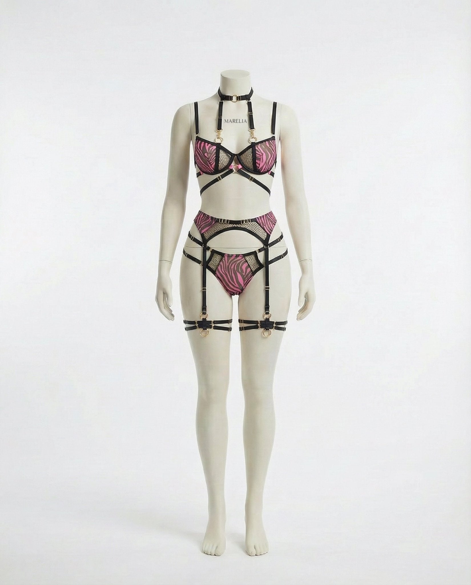 Fuscia Pink Zebra Print Mesh Bra Garter Belt And Brief Set - Marelia