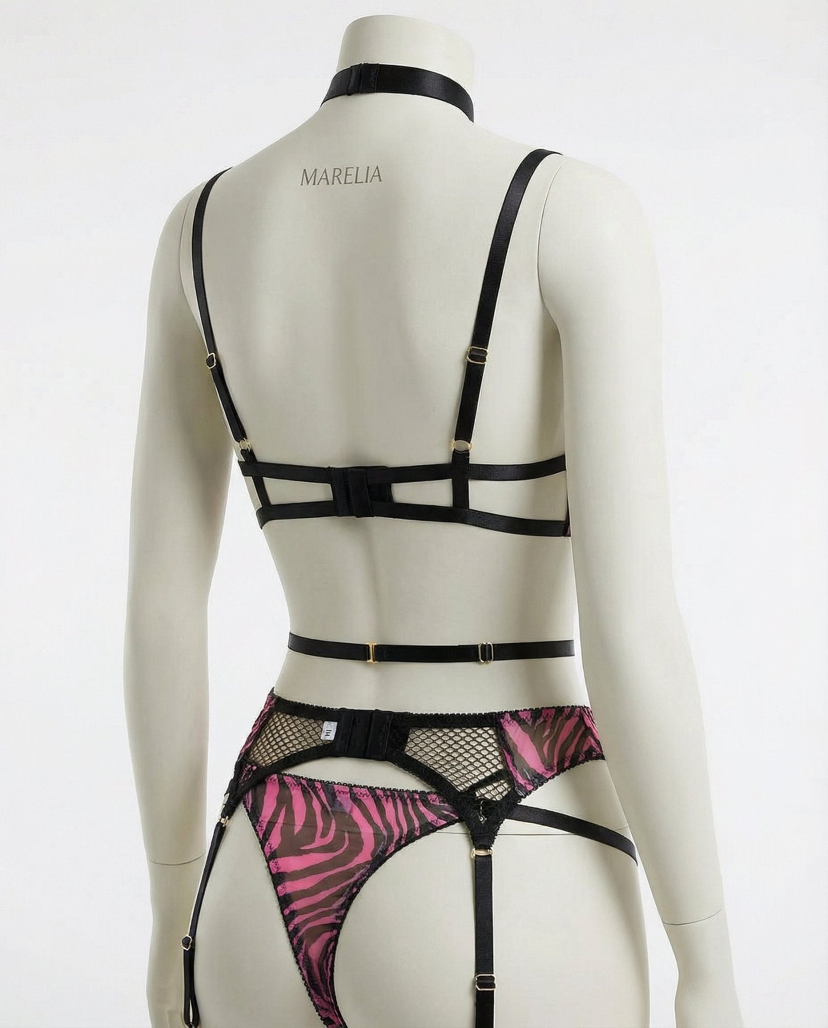 Fuscia Pink Zebra Print Mesh Bra Garter Belt And Brief Set - Marelia