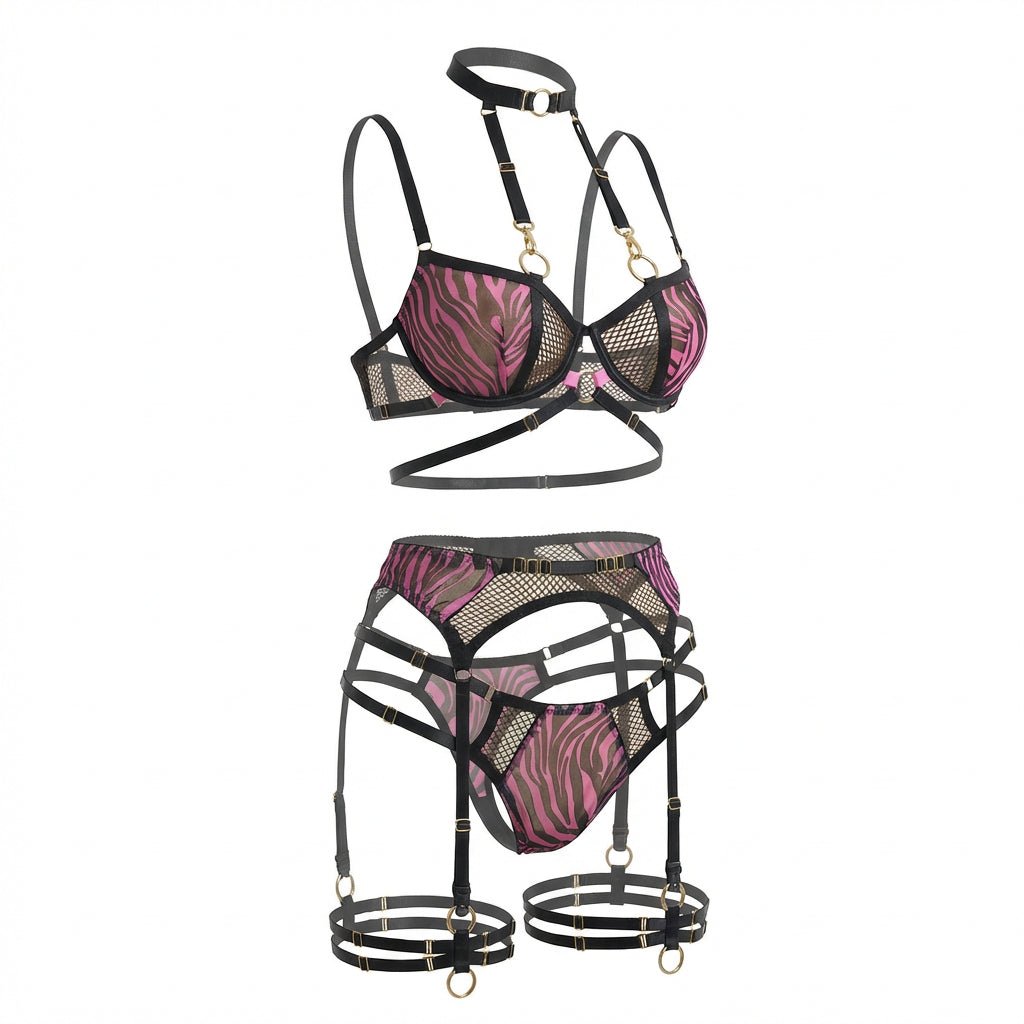 Fuscia Pink Zebra Print Mesh Bra Garter Belt And Brief Set - Marelia