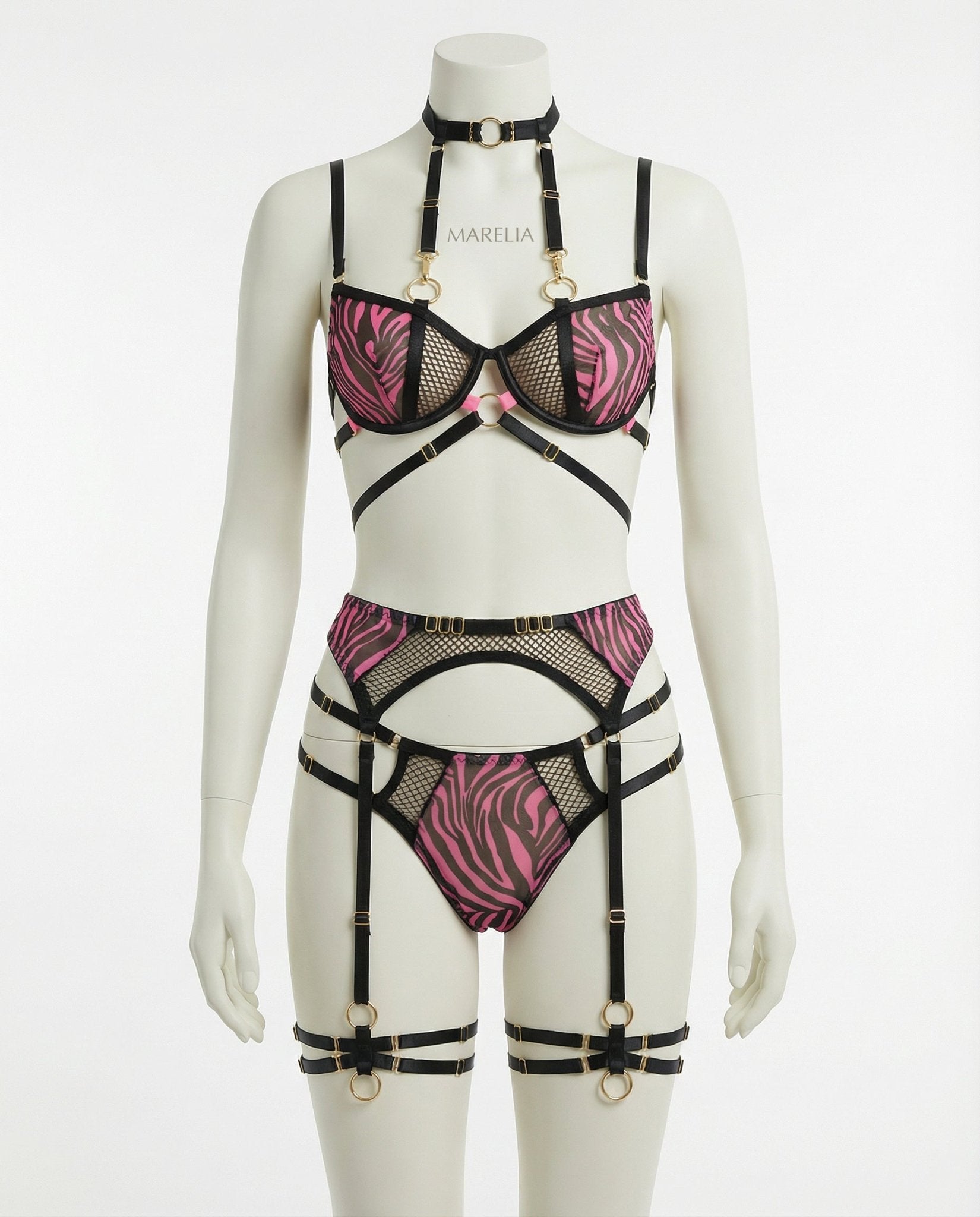 Fuscia Pink Zebra Print Mesh Bra Garter Belt And Brief Set - Marelia