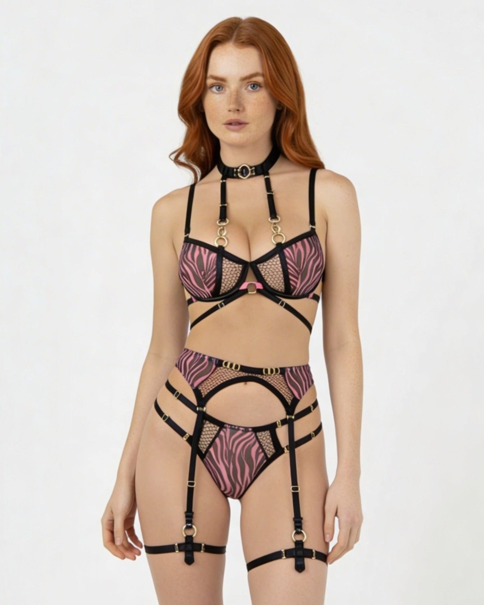 Fuscia Pink Zebra Print Mesh Bra Garter Belt And Brief Set - Marelia