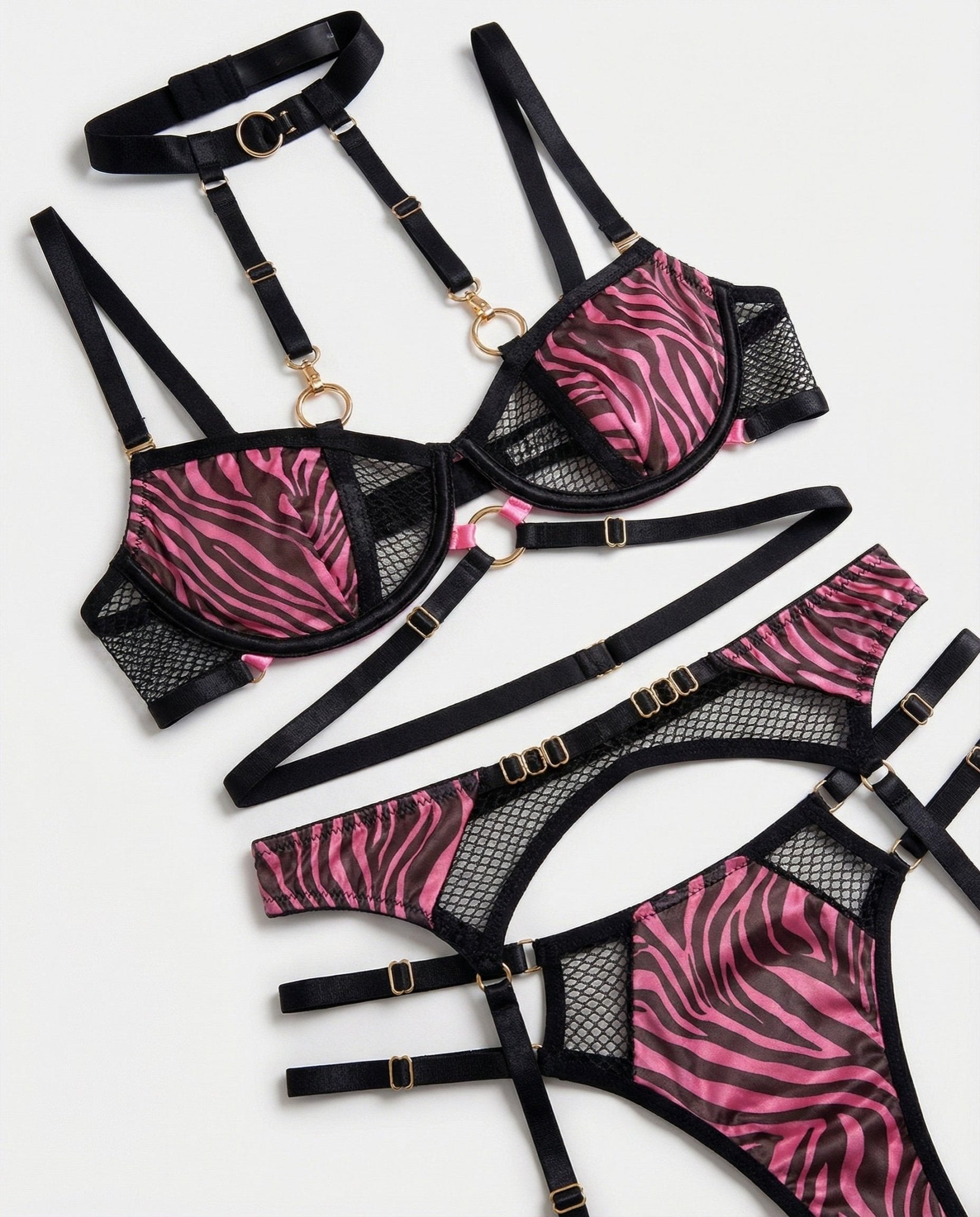 Fuscia Pink Zebra Print Mesh Bra Garter Belt And Brief Set - Marelia