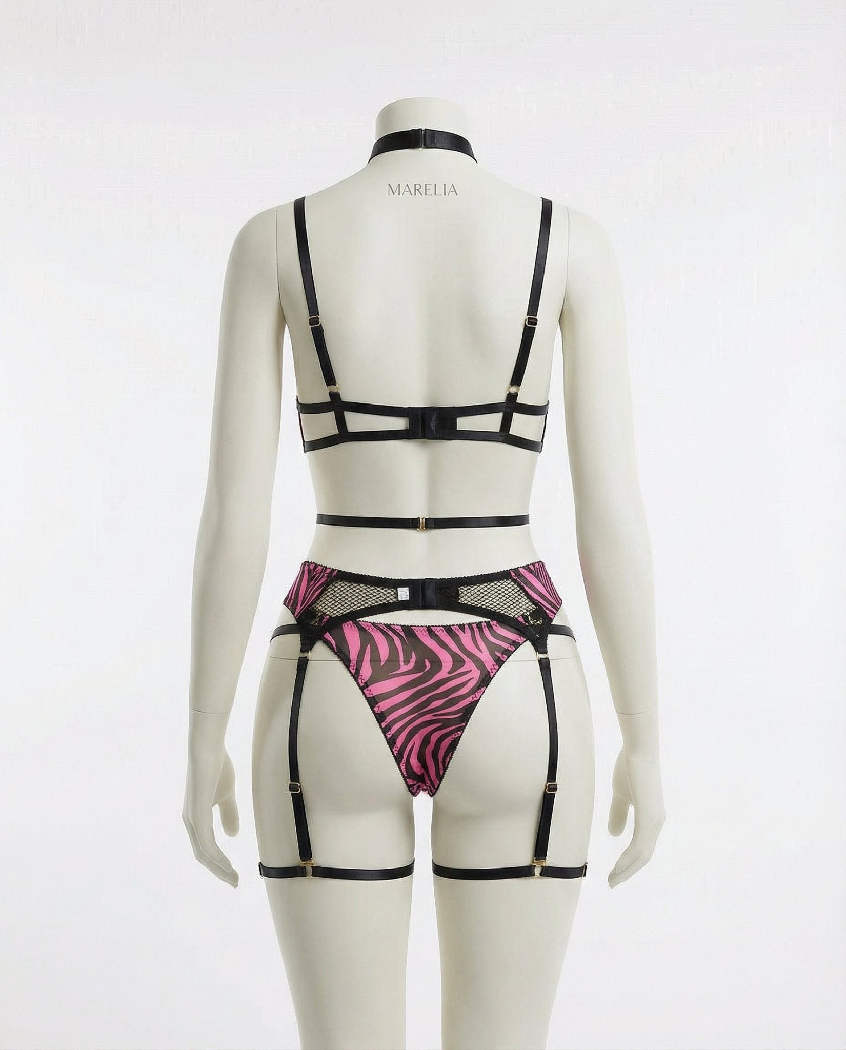 Fuscia Pink Zebra Print Mesh Bra Garter Belt And Brief Set - Marelia