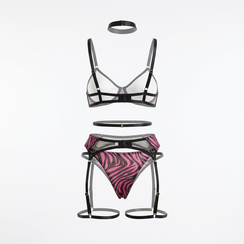 Fuscia Pink Zebra Print Mesh Bra Garter Belt And Brief Set - Marelia